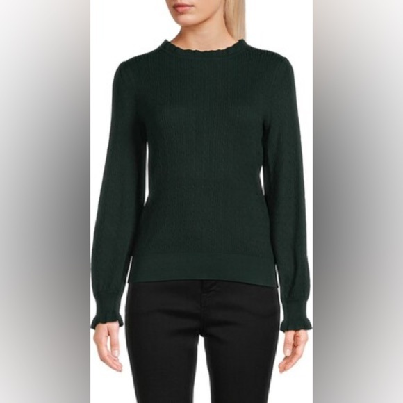 ADRIANNA PAPELL​ Puff Sleeve Cable Knit Sweater Hunter Green Size L NWT - Picture 1 of 5